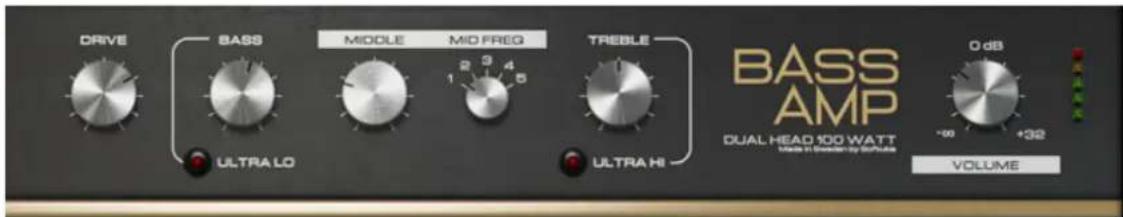 DRIVE BASS MIDDLE MID FREG TREBLE ULTRA LO 2 3 4 1 5 ULTRA HI BASS AMP DUAL HEAD 100 WATT Under In Deviation by Modulus 0 dB +32 VOLUME