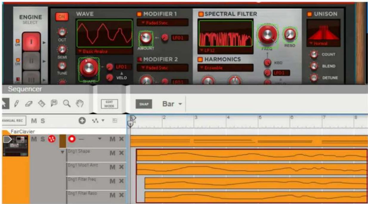ENGINE SELECT ON OCT SEM TUNE WAVE Basic Amalos LFO 1 SHAPE VELO MODIFIER 1 Faded Sync AMOUNT LFO 1 MODIFIER 2 Faded Sync LE01 SPECTRAL FILTER LP12 FREQ RESO HARMONICS Ensemble KBO LFO 1 UNISON Normal COUNT BLEND DETUNE Sequencer EDIT MODE SNAP Bar MANUAL REC M S + FairClavier M S M X Eng1 Shape: M X Eng1 Mod1 Amt M X Eng1 Filter Freq M X Eng1 Filter Raso M X