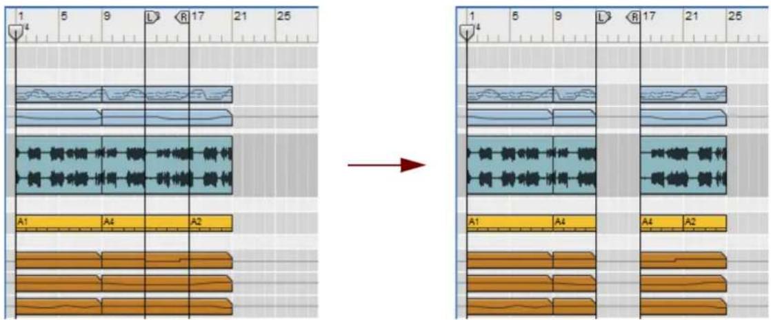 Audio editing software interface showing audio waveform and audio track layout before and after transformation
