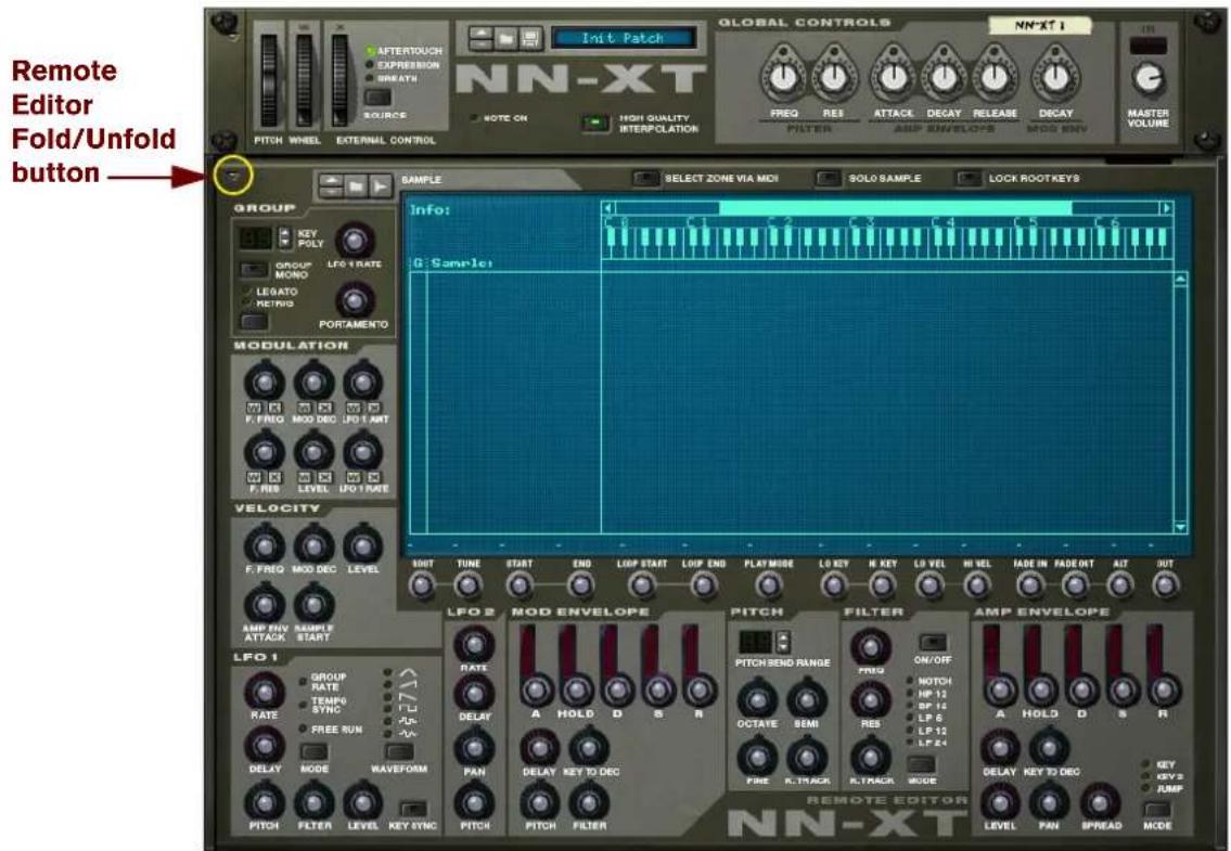 Remote Editor Fold/Unfold button AFTERTOUCH EXPRESSION BRIATH NN-XT Init Patch PITCH WHEEL EXTERNAL CONTROL NOTE ON HIGH QUALITY INTERPOLATION GLOBAL CONTROLS NN-XT 1 FREQ REI ATTACK DECAY RELEASE DECAY FILTER AND ENVELOPS MOD ENV MASTER VOLUME GROUP KEY POLY GROUP MONO LFO RATE LEGATO METRIC PORTAMENTO MODULATION F. FREQ MOD DEC LP01 ANT F. RES LEVEL LP01 RATE VELOCITY F. FREQ MOD DEC LEVEL AMP PIN SUREM ATTACK START LFO 2 MOD ENVELOPE RATE RAGE TEMP6 SYNC FREE RUN DELAY MODE WAVEFORM PITCH FILTER KEY SYNC PITCH PITCH FILTER PITCH SEND RANGE PRIQ ON/OFF NOTCH NP 12 RF 12 LF 6 LP 12 LF 24 OCTAVE SEMI RES A HOLD D S R PINE RTRACK RTRACK MODE AMP ENVELOPE DELAY KEY TO DEO KEY KEY2 JUMP LEVEL PAN SPREAD MODE