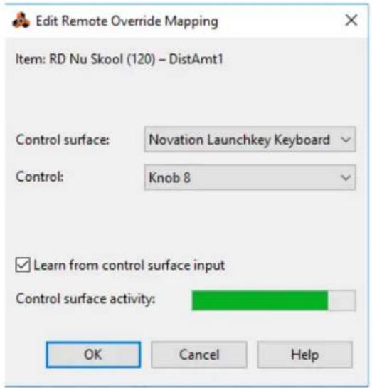 Edit Remote Override Mapping Item: RD Nu Skool (120) - DistAmt1 Control surface: Novation Launchkey Keyboard Control: Knob 8 ✓ Learn from control surface input Control surface activity: OK Cancel Help
