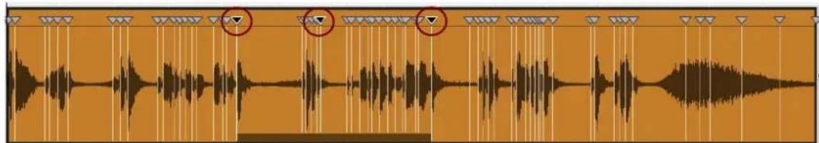 Audio waveform display with three marked circles highlighting specific peaks or events on a timeline