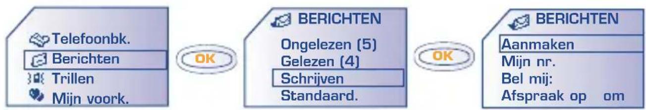 graph LR A["Telefoonbk.<br>Berichten<br>Trillen<br>Mijn voork."] -->|OK| B["BERICHTEN<br>Ongelezen (5)<br>Gelezen (4)<br>Schrijven<br>Standaard."] B -->|OK| C["BERICHTEN<br>Aanmaken<br>Mijn nr.<br>Bel mij:<br>Afspraak op om"]