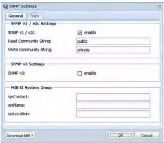 SIIMP Settings General Traps SNMP v1 / v2c Settings SNMP v1 / v2c: enable Read Community String: public Write Community String: private SNMP v3 Settings SNMP v3: enable MIB-II System Group sysContact: sysName: sysLocation: Download MB * OK Cancel