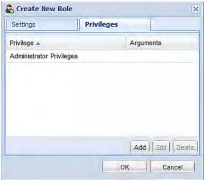 Create New Role Settings Privileges Privilege ▲ Arguments Administrator Privileges Add Edit Delete OK Cancel