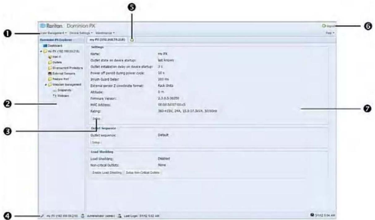 Ranitan: Dominion PX User Management - Device Settings - Maintenance - Dominion PX Explorer my FX (192.168.59.218) Settings Name: my FX Outlet state on device startups: last known Outlet installation delay on device startups: 3 s Power off period during power cycle: 10 s Jrnum Guard Delon: 200 ms External sensor Z coordinate format: Pack Units Attitude: 8 m Firmware Version: 2,3,8,5-36050 MAC Address: 08:56:56:57:58:5 Rating: 360+15V, 24A, 15.3-17.3XVA, 30/60Hz Setup Outlet Sequence Outlet sequence: Default Setup Load Shedding Load Shedding: Disabled Non-critical Outlets: None Enable Load Shedding Setup non-Critical Outlets my FX (192.168.59.218) Administrator (system) Last Log: 5/1/12 5:42 AM 5 6 7 4