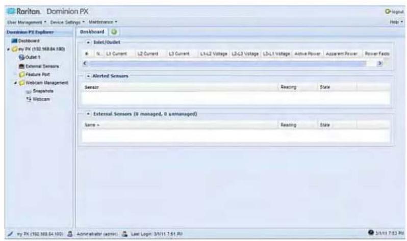 Raritan. Dominion PX User Management - Device Settings - Maintenance - Foundation PX Explorer Dashboard - Outlet/Outlet N: L1 Current L2 Current L3 Current L4-L2 Voltage L5-L3 Voltage L6-L1 Voltage Active Power Apparent Power Power Facts - Alerted Sensors Sensor Reading State - External Sensors (0 managed, 0 unmanaged) Name - Reading State my PX (192.168.54.100) Administrator (admin) Last Logit: 3/1/11 7:51 PM