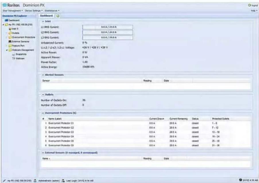 Dominion PX Explorer Dashboard My PX (192.168.59.218) Inlet II Outlets Overcurrent Protection External Sensors Feature Port Webcom Management Snapshots 3 Webcom Dashboard Inlet L1 RMS Current: 0.0 A / 24.0 A L2 RMS Current: 0.0 A / 24.0 A L3 RMS Current: 0.0 A / 24.0 A Unbalanced Current: 0 % L1-L2 / L2-L3 / L3-L1 Voltage: 426 V / 428 V / 438 V Active Power: 0 W Apparent Power: 0 VA Power Factor: 1.00 Active Energy: 10688 Wh - Alerted Sensors Sensor Reading State - Outlets Number of Outlets On: 36 Number of Outlets Off: 0 - Overcurrent Protection (%) Name - Label Current Drawn Current Remaining Status Protected Outlets 1 Overcurrent Protector C1 0.0 A 20.0 A closed 1 - 6 2 Overcurrent Protector C2 0.0 A 20.0 A closed 7 - 12 3 Overcurrent Protector C3 0.0 A 20.0 A closed 13 - 18 4 Overcurrent Protector C4 0.0 A 20.0 A closed 19 - 24 5 Overcurrent Protector C5 0.0 A 20.0 A closed 25 - 30 6 Overcurrent Protector C6 0.0 A 20.0 A closed 31 - 36 - External Sensors (8 managed, 8 unmanaged) Name - Reading State try FX (192.168.59.218) Administrator (admin) Last Logit: 3/1/12 4:14 AM