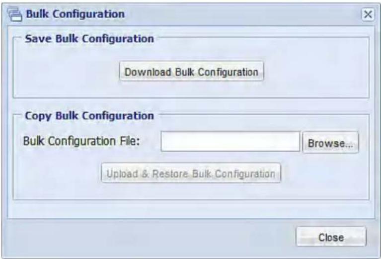 Bulk Configuration Save Bulk Configuration Download Bulk Configuration Copy Bulk Configuration Bulk Configuration File: Browse... Upload & Restore Bulk Configuration Close