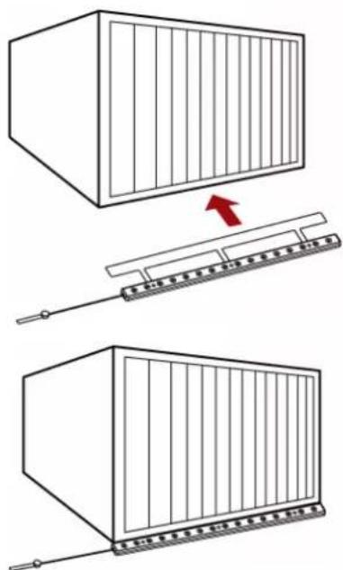 Diagram illustrating a mechanical assembly process with labeled components and directional arrow