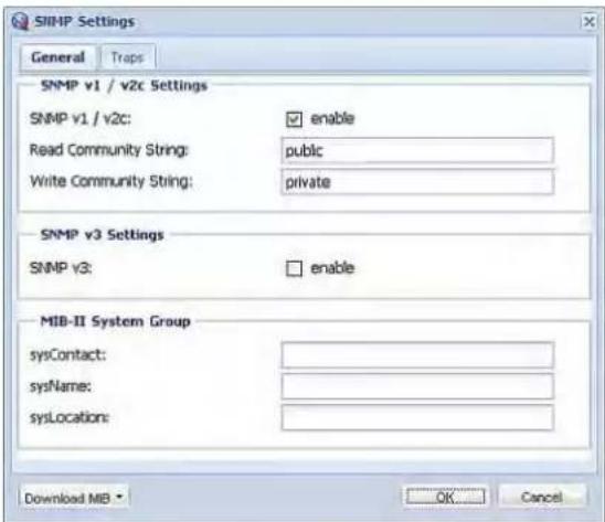 SNMP Settings General Traps SNMP v1 / v2c Settings SNMP v1 / v2c: enable Read Community String: public Write Community String: private SNMP v3 Settings SNMP v3: enable MIB-II System Group sysContact: sysName: sysLocation: Download MB OK Cancel