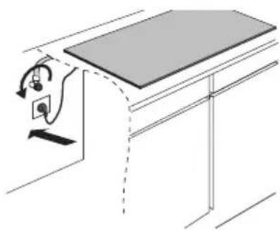 Diagram van een tafel met een aan de muur gemonteerd apparaat en een hangende kabel, geen tekst of symbolen aanwezig