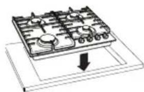 Isometrische lijntekening van een gasfornuis met koelventilatoren en een neerwaartse pijl die koeling aangeeft (geen tekst of symbolen)
