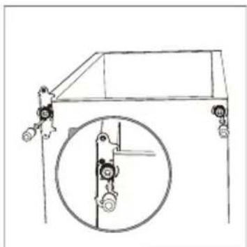 Technical line drawing of a vehicle suspension system with a magnified inset showing internal components (no text or labels)