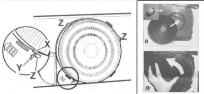 Technical diagram of a mechanical device with labeled components (X, Y, Z) and two inset views showing internal components.