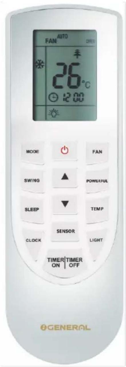 AUTO FAN OPEN 26°C 12:00 MODE SWING SLEEP CLOCK FAN POWERFUL TEMP SENSOR LIGHT TIMER ON | TIMER OFF GENERAL