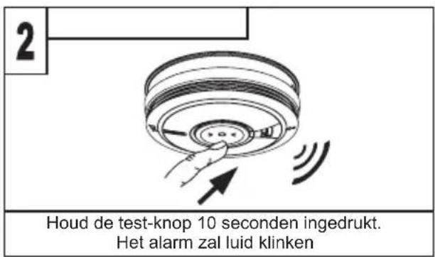 2 Houd de test-knop 10 seconden ingedrukt. Het alarm zal luid klinken