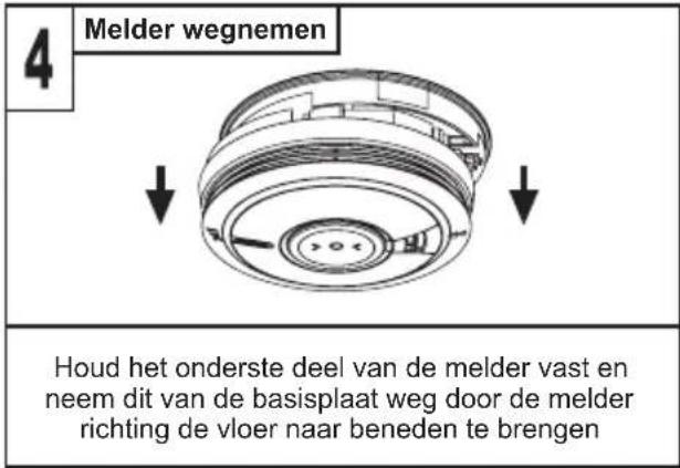 4 Melder wegnemen Houd het onderste deel van de melder vast en neem dit van de basisplaat weg door de melder richting de vloer naar beneden te brengen