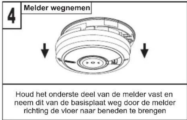 4 Melder wegnemen Houd het onderste deel van de melder vast en neem dit van de basisplaat weg door de melder richting de vloer naar beneden te brengen