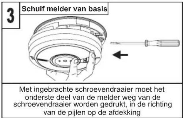 3 Schuif melder van basis Met ingebrachte schroevendraaier moet het onderste deel van de melder weg van de schroevendraaier worden gedrukt, in de richting van de pijlen op de afdekking