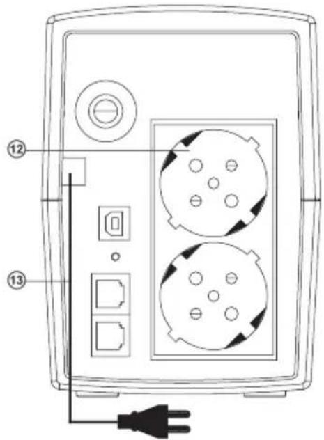 Technical diagram of a device panel with labeled components and an electrical outlet connection