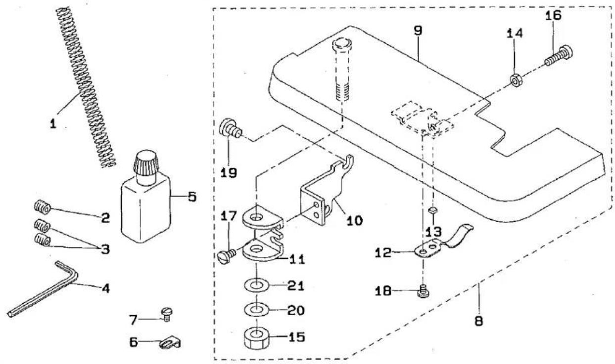 Technical diagram of a mechanical assembly with numbered parts and exploded view, likely for assembly or maintenance instructions.