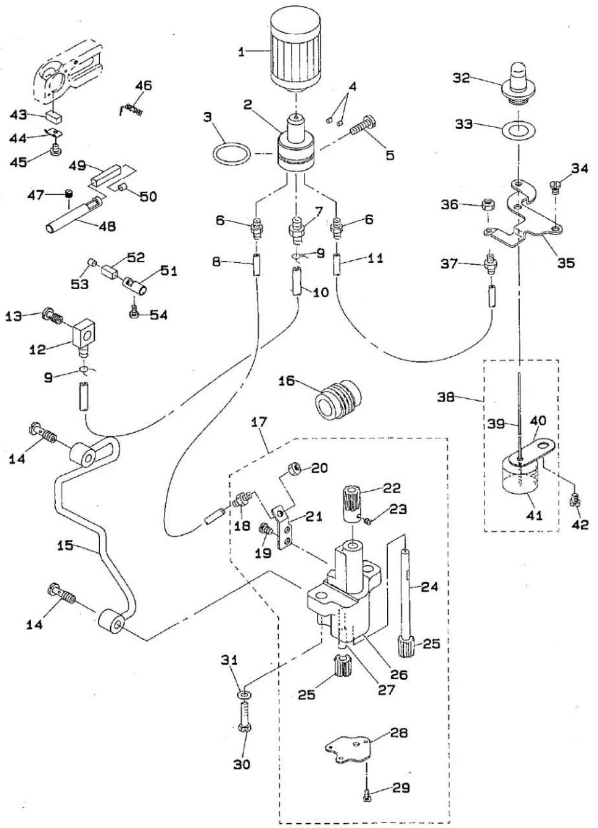 Technical diagram of a mechanical assembly with numbered components and exploded view, likely for assembly or manufacturing purposes.