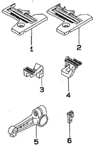 Technical diagram showing six labeled mechanical components with numbered parts for identification.
