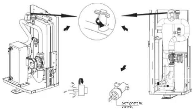 Technical diagram illustrating a mechanical assembly with labeled components and directional arrows indicating motion or assembly steps.