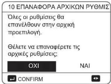 10 ΕΠΑΝΑΦΟΡΑ ΑΡΧΙΚΩΝ ΡΥΘΜΙΣ Όλες οι ρυθμίσεις θα επανέλθουν στην αρχική προεπιλογή. Θέλετε να επαναφέρετε τις αρχικές ρυθμίσεις; OXI NAI CONFIRM