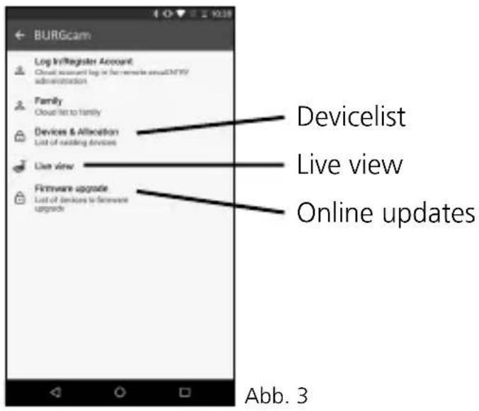 BURGcam Log InRegister Account Cloud account log in for remote email/SMTP administration Family Cloud list to family Devices & Allocation List of existing devices Live view Firmware upgrade List of devices to firmware upgrade Devicelist Live view Online updates Abb. 3