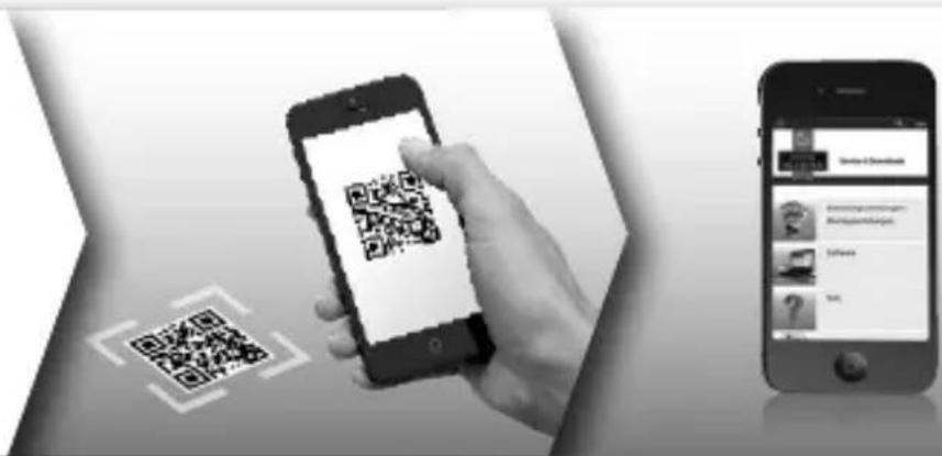 Mobile app interface showing smartphone scanning QR code and a mobile app displaying 'Service & Download' with user profile icons