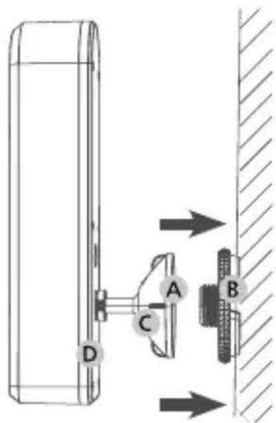 Technical diagram showing a mechanical assembly with labeled components A, B, C, D and directional arrows indicating motion or force.