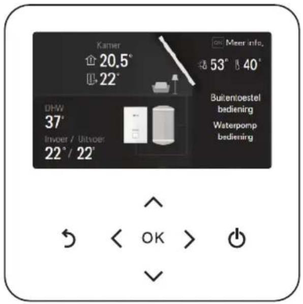 Kamer 20.5° 22° Meer info. 53° 40° DHW 37° Invoer / Uitvoer 22° / 22° Buitentoestel bediening Waterpomp bediening OK > OK