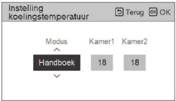 Instelling koelingstemperatuur Terug OK Modus Kamer1 Kamer2 Handboek 18 18