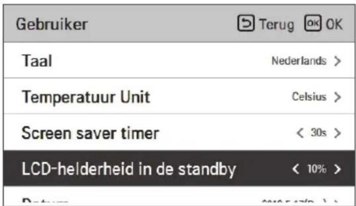 Gebruiker Terug OK Taal Nederlands > Temperatuur Unit Celsius > Screen saver timer < 30s > LCD-helderheid in de standby < 10% > Date: May 17th