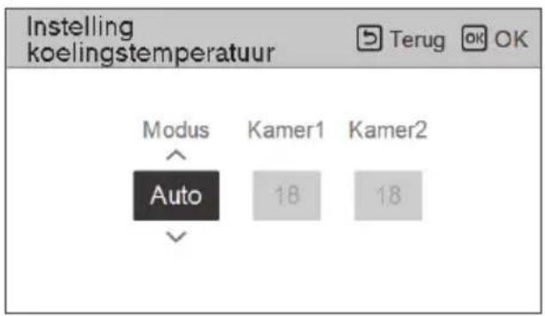 Instelling koelingstemperatuur Terug OK OK Modus Kamer1 Kamer2 ^ Auto 18 18