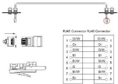 RJ45 Connector RJ45 Connector 1 Or/W Or/W 1 2 Or Or 2 3 G/W G/W 3 4 BI BI 4 5 BI/W BI/W 5 6 G G 6 7 Br/W Br/W 7 8 Br Br 8