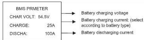 BMS PRMETER CHAR VOLT: 54.5V CHARGE: 25A DISCHA: 100A Battery charging voltage Battery charging current: (select according to battery type) Battery discharging current