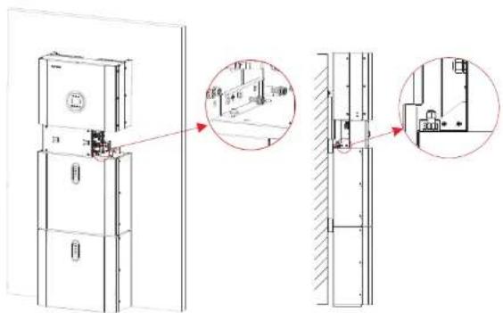 Technical diagram showing front and side views of a refrigerator with labeled components and structural details
