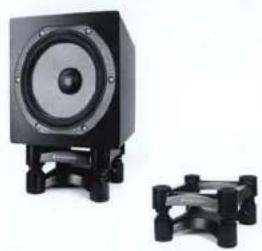 Two black speaker units with supporting legs, one larger and one smaller, shown against a plain white background (no text or symbols visible)
