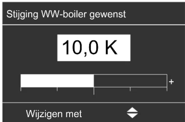 | Category | Value | |---|---| | Stijging WW-boiler gewenst | 10,0 K | | Wijzigen met | ◆ |