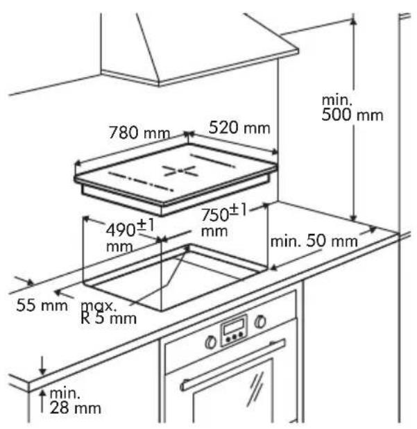 780 mm 520 mm 490±1 mm 750±1 mm 55 mm max. R 5 mm min. 50 mm min. 28 mm min. 500 mm