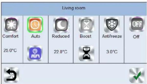 Living room Comfort 25.0°C Auto Reduced 22.0°C Boost Antifreeze 3.0°C OFF Off