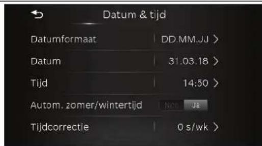 Datum & tijd Datumformaat DD.MM.JJ > Datum 31.03.18 > Tijd 14:50 > Autom. zomer/wintertijd Ncc Ja Tijdcorrectie 0 s/wk >