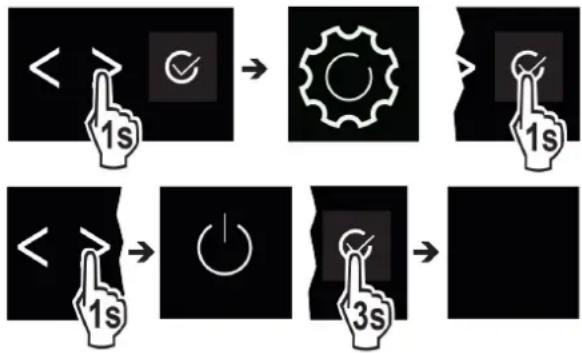 graph TD A["<"] --> B["1s"] B --> C["✓"] C --> D["Gear Icon"] D --> E[">"] E --> F["1s"] G["<"] --> H["1s"] H --> I["Power Circle"] I --> J["3s"] J --> K["✓"]