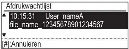 Afdrukwachtlijst 10:15:31 User_nameA file_name_12345678901234567 [#]:Annuleren