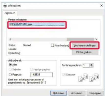 Afdrukken Algemeen Fenter selecteren CHARP MV.000 Status: Gused Noor bestang Joverkursinstellungen Locatie: Opmerking Printer spoken... Aktukbereik Alera Selectie: Hydige pagina Pagna's: 1-65535 Graf een enkel pagesnummer of pagesberek op. Epvoorbeeld: 5-12 Aantal examplaren: 1 Sqraten: 1 2 3 1 2 3 Afdrukken Annuloren Toopapen