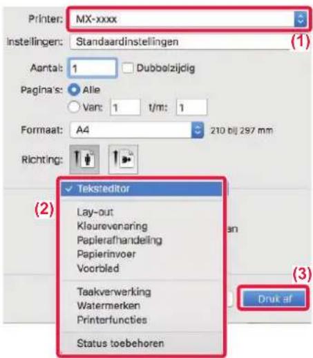 Printer: MX-xxxx Instellingen: Standaardinstellingen Aantal: 1 Dubbelzijdig Pagina's: Alle Van: 1 t/m: 1 Formaat: A4 210 bij 297 mm Richting: Teksteditor Lay-out Klourevenaring Papierafhandeling Papierinvoer Voorblad Taakverwerking Watermerken Printerfuncties Status toebehoren Druk af