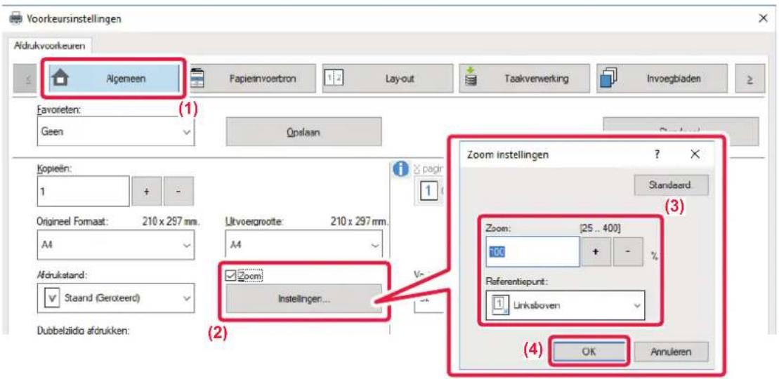 Voorkeursinstellingen Afdrukvoorkeuren Algemeen Fapierinvoertron Layout Taakverwerking Invoegbiaden Favorieten: Geen Opslaan Kopieën: 1 + - Origineel Formaat: 210 x 297 mm. A4 Aftdrukatand: Staard (Geroteerd) Dubbelaido afrukken: Uktvoergrootte: 210 x 297 mm. A4 Zoom Instellingen... (2) Zoom instellingen ? Standseerd Zoom: [25..400] 100 + - Referentiepunt: Linksboven (3) (4) OK Annulieren
